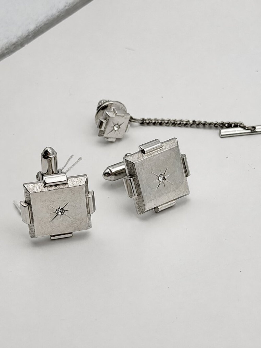 Vintage Silver Cufflinks and Tie Tack Set Starburst Design